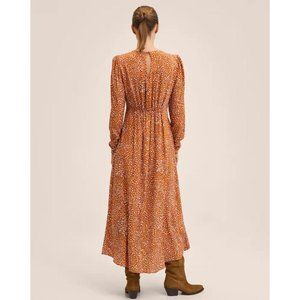 NWT MANGO Viscose Long Sleeve Midi / Maxi Dress Orange Dalmation Sz. Small / 4